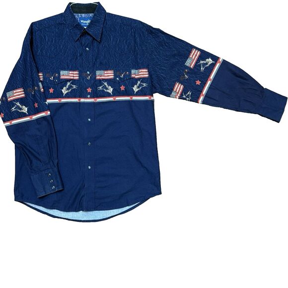 WRANGLER WESTERN SHIRT Pearl Snap  Men's L Eagle Flag Rodeo Long Sleeve - Picture 1 of 7